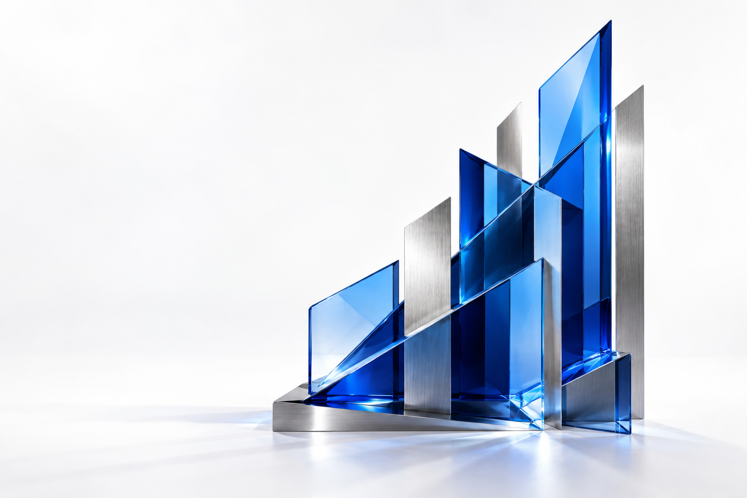 Connected blue glass and silver structures rising together